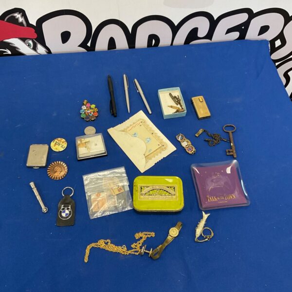 Mixed curios lot featuring a BMW keyring and vintage ephemera.