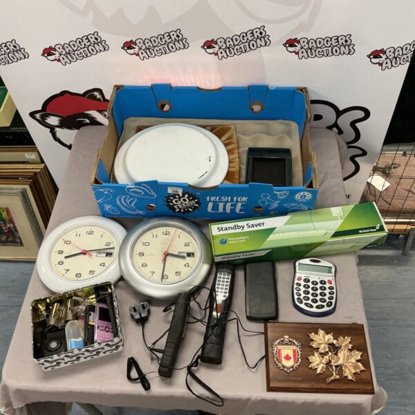 Mixed lot of vintage clocks, electronics, and untested BlackBerry phones.