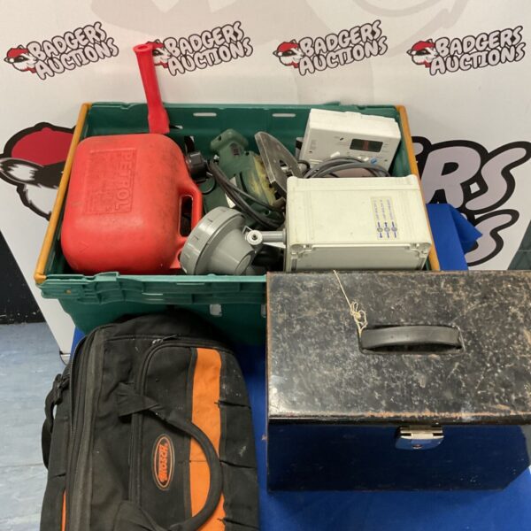 Mixed lot of household items including a Kosch bag and electric meter.