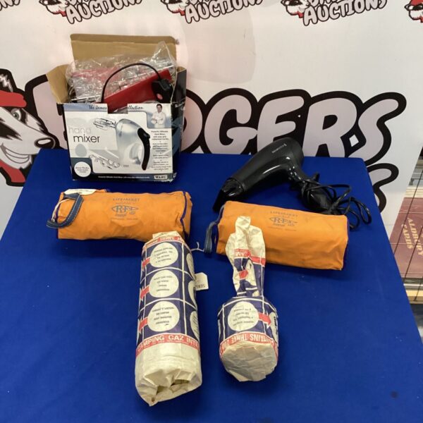 Mixed lot of household and outdoor items including a hand mixer and lifejackets.