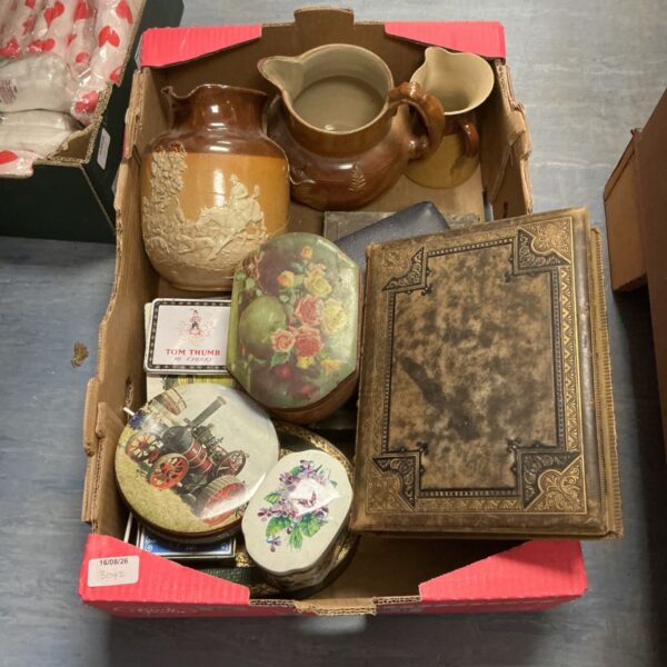Mixed lot of vintage pottery and collectibles including Royal Doulton jugs.