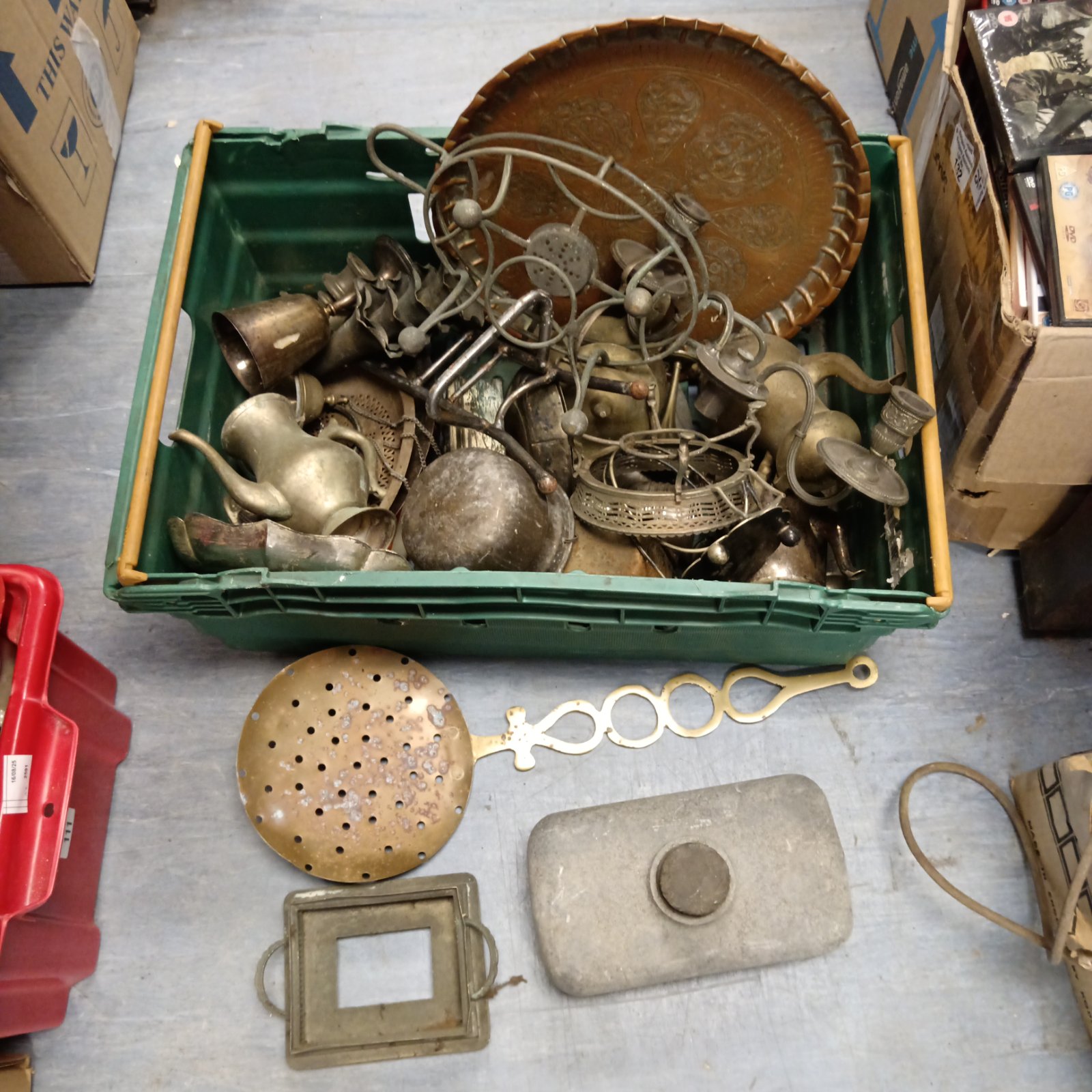 Mixed metalware lot with copper tray and silver candlestick.