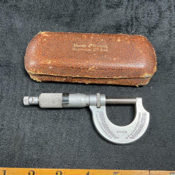 Moore and Wright micrometer with original leather case, vintage tool.