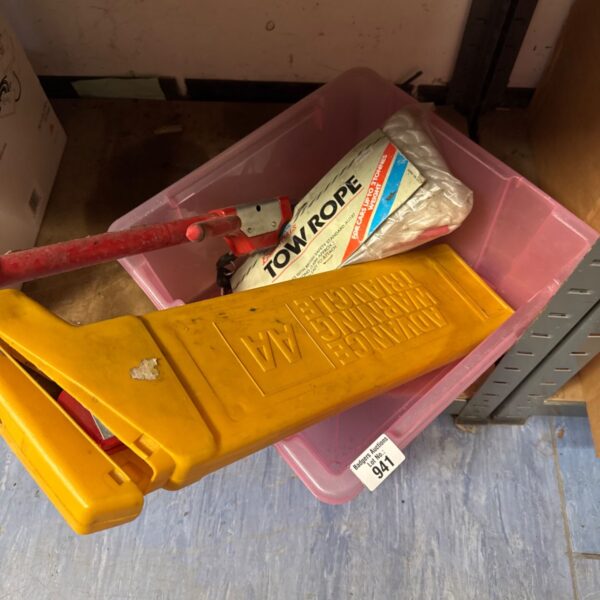 Motoring accessories lot including tow rope, warning triangle and crook lock.