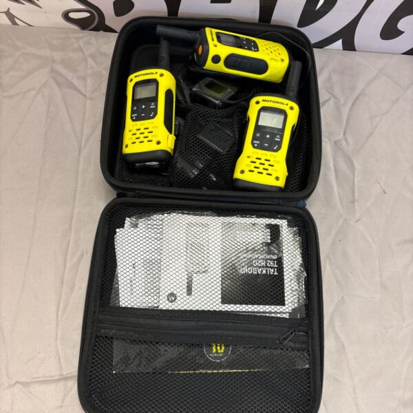 Motorola T92H20 walkie talkies in open carrying case.