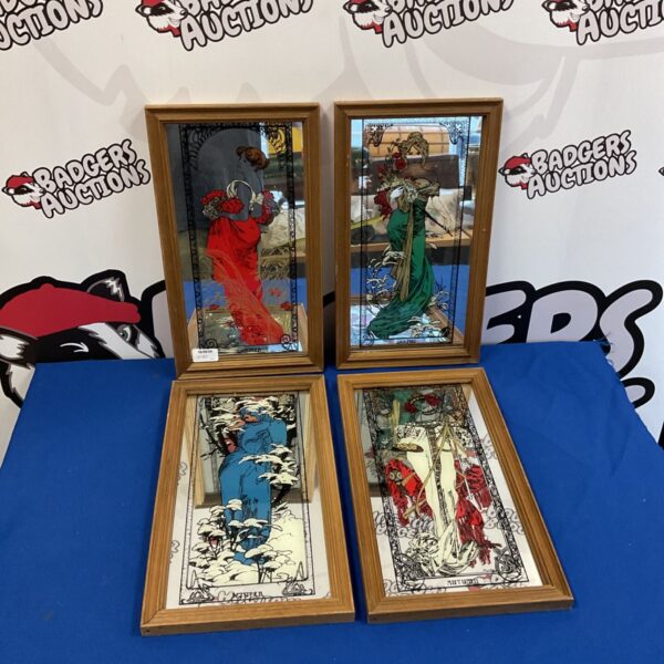 Vintage Mucha style mirrors depicting spring, summer, autumn and winter scenes.