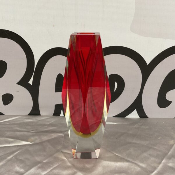Striking red Murano glass vase with a bold block design.