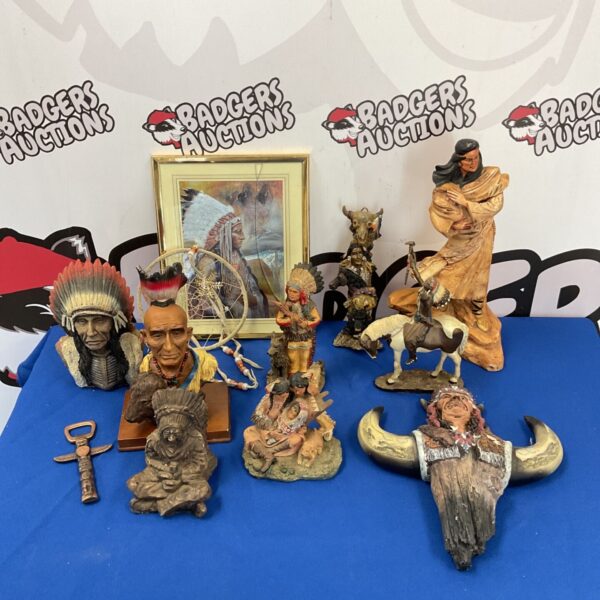 Collection of vintage Native American Indian ornaments and artifacts.