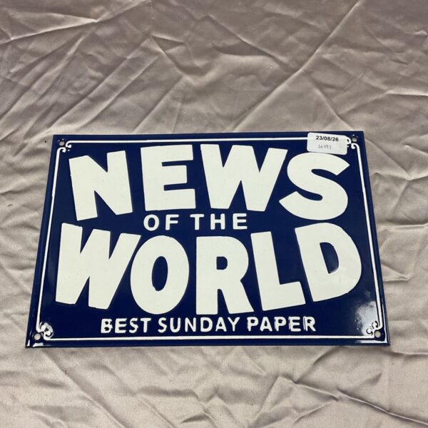 Vintage News of the World enamel sign, best sunday paper advertisement.
