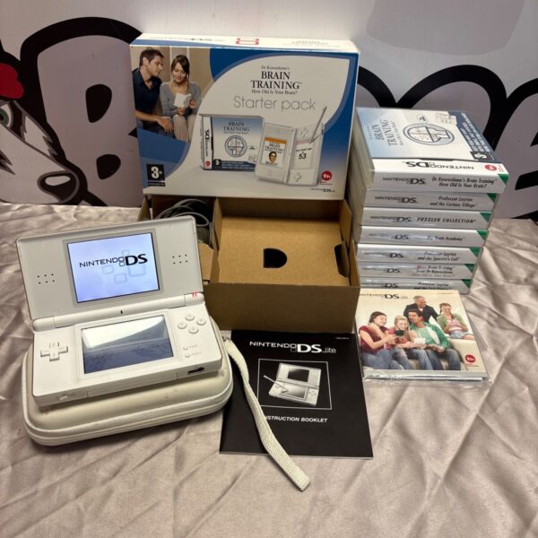 Nintendo DS Lite with Dr Kawashima Brain Training game and case.