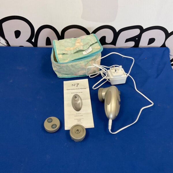 Boots No7 Body Massager kit with travel bag displayed.
