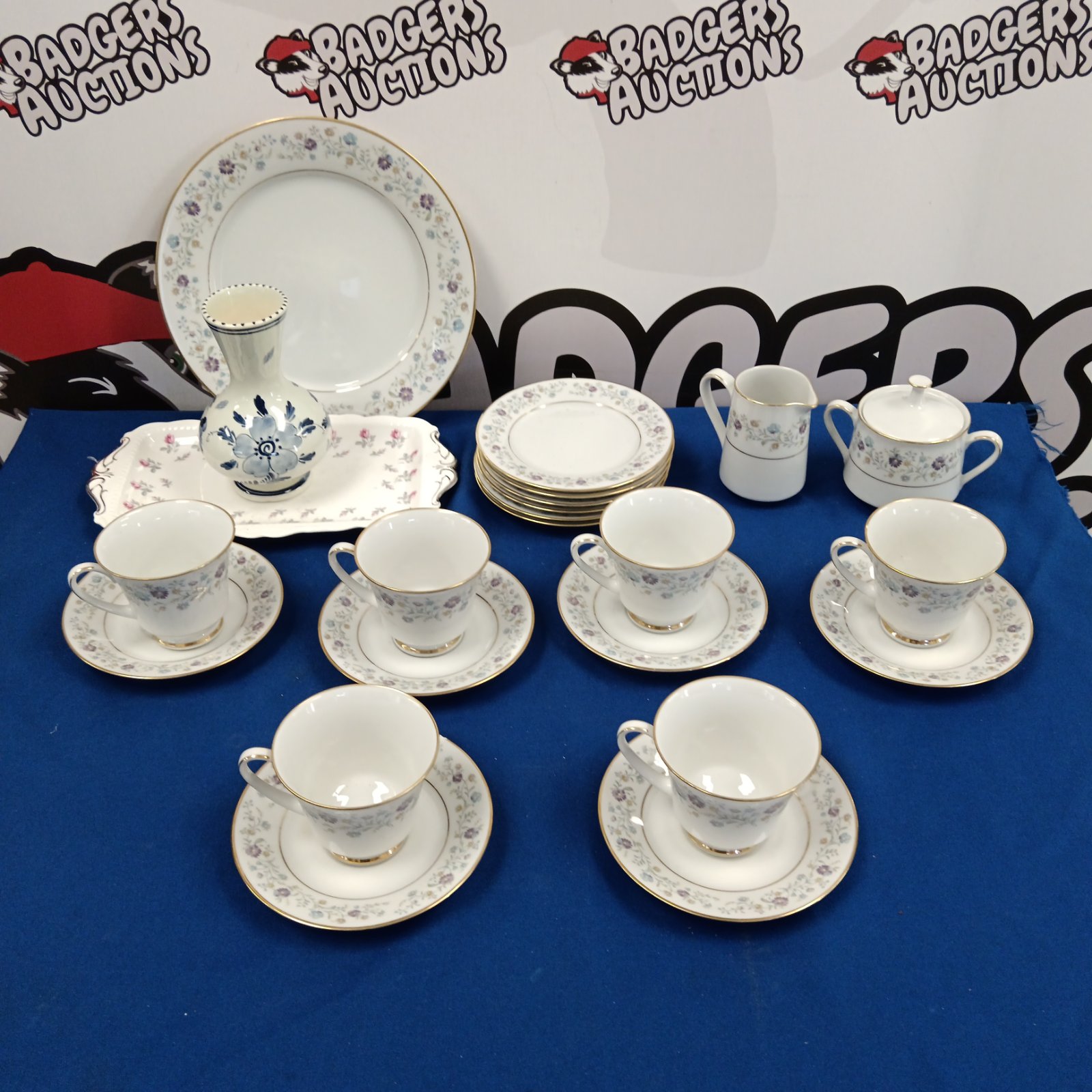 Vintage Noritake Longwood tea set with Delft vase and Royal Albert plate.