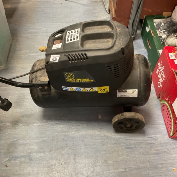 Portable NuAir air compressor model 1320 with a 10 bar rating.