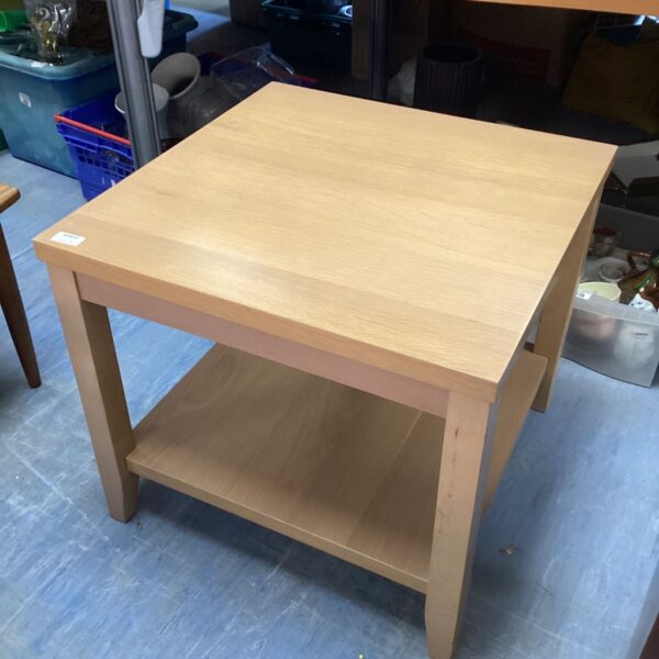 Solid oak coffee table with shelf, rustic farmhouse style.