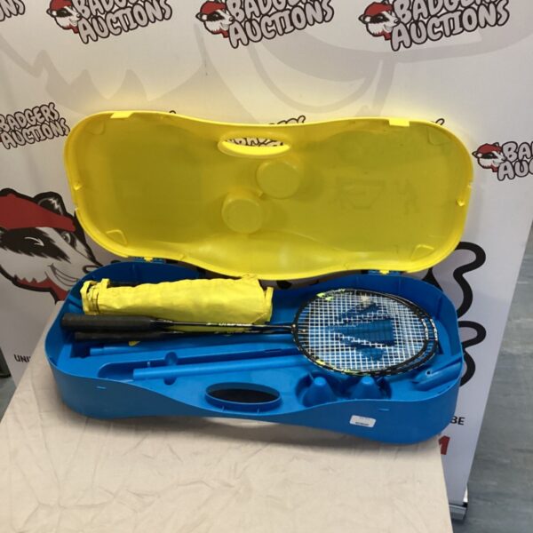 Blue Opti portable badminton set with rackets and net.