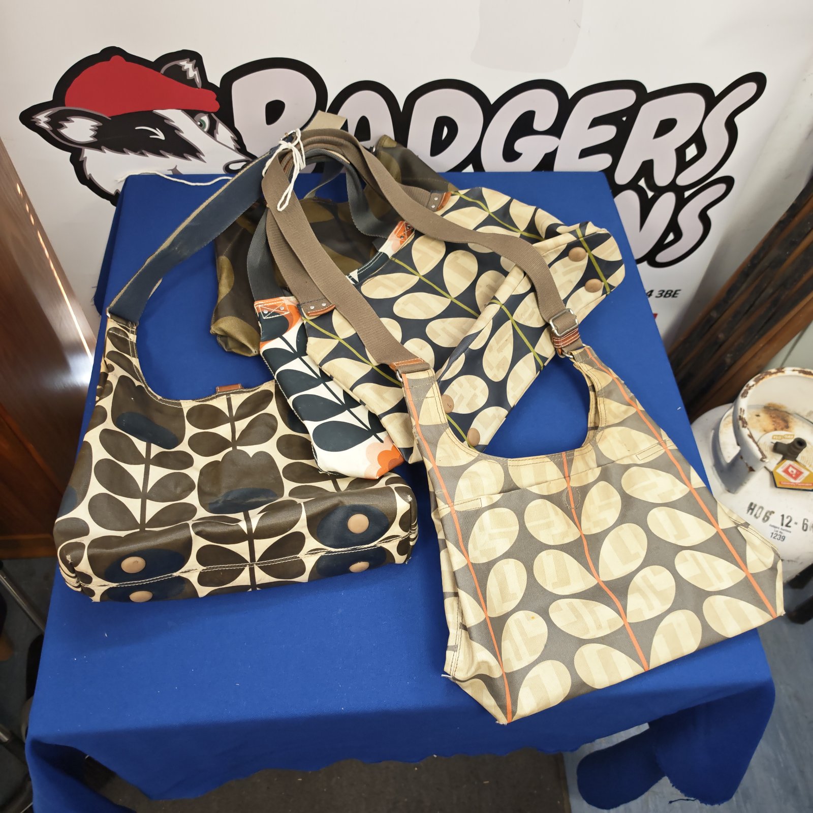 Lot of five Orla Kiely handbags with floral patterns.