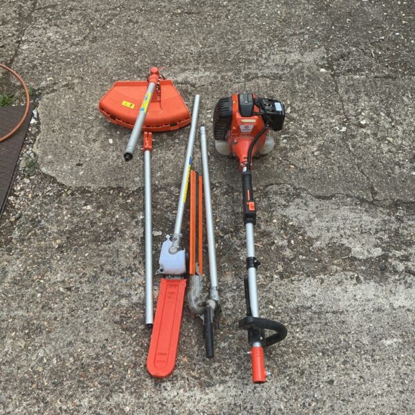 Parker multi-tool garden power unit with attachments for hedge and grass trimming.