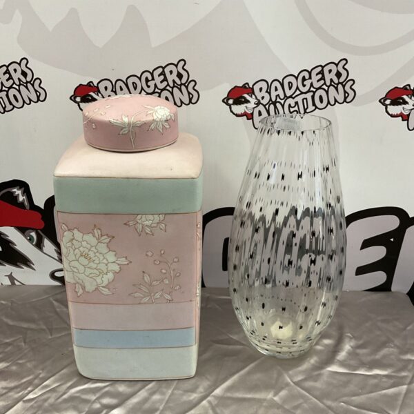 Vintage parlane lidded jar and John Lewis glass vase set.