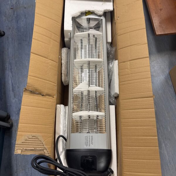New pedestal heater still in its original cardboard box.