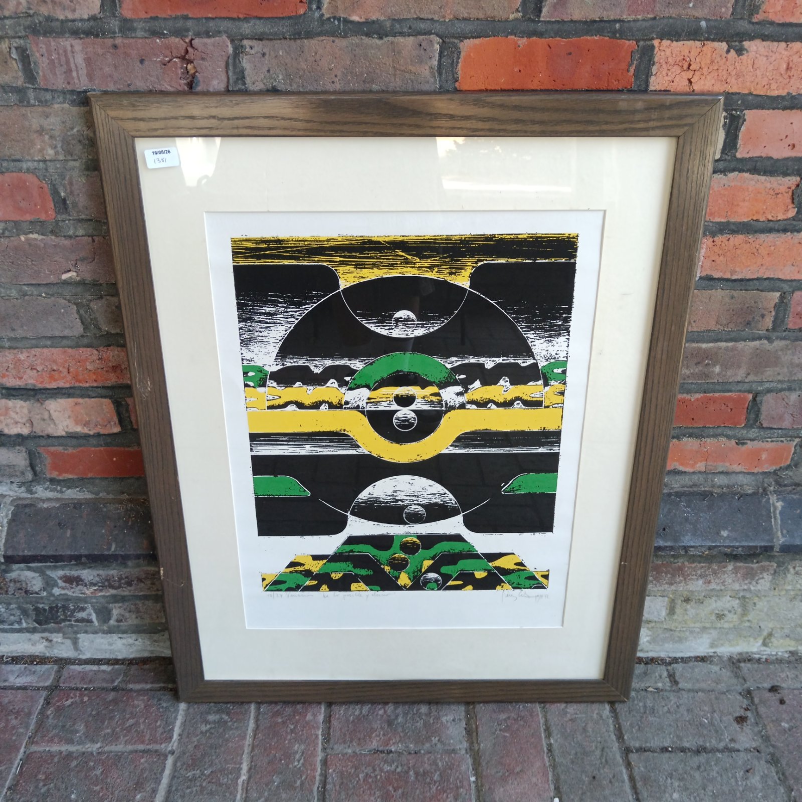 Perez Celis abstract screen print with geometric planet shapes.
