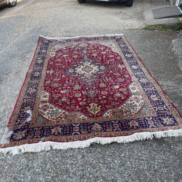 Red Persian rug with a central medallion and fringed edges.