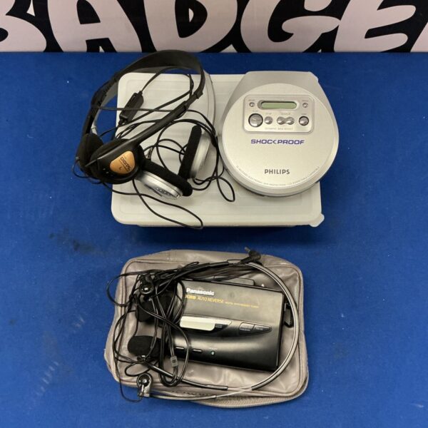 Vintage Philips portable CD player and Panasonic digital tuner with headphones.