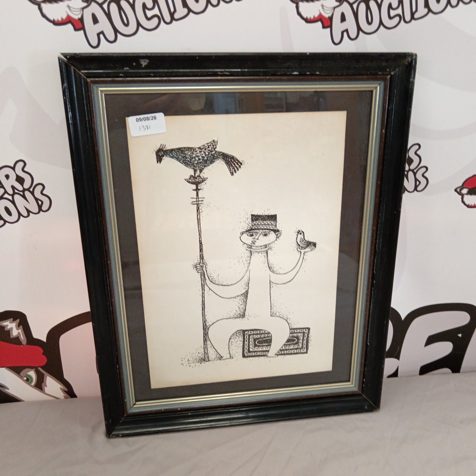 Vintage Pinchas Shaar lithograph print with bird motifs and abstract design.