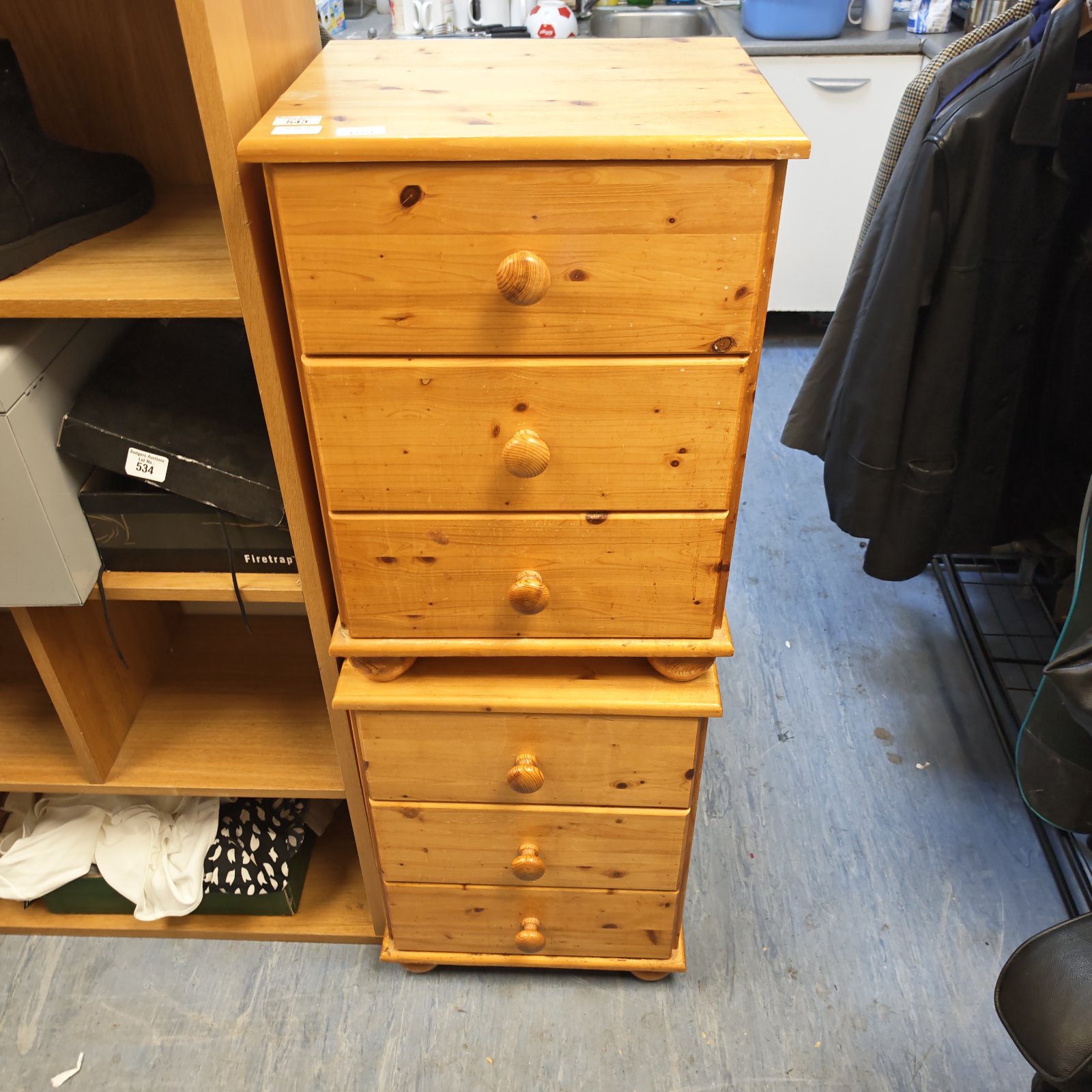 Pair of vintage pine bedside cabinets with three drawers.