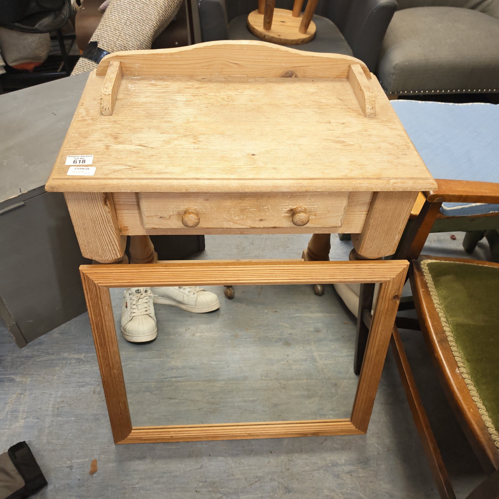 Antique pine hall telephone table with drawer and mirror.
