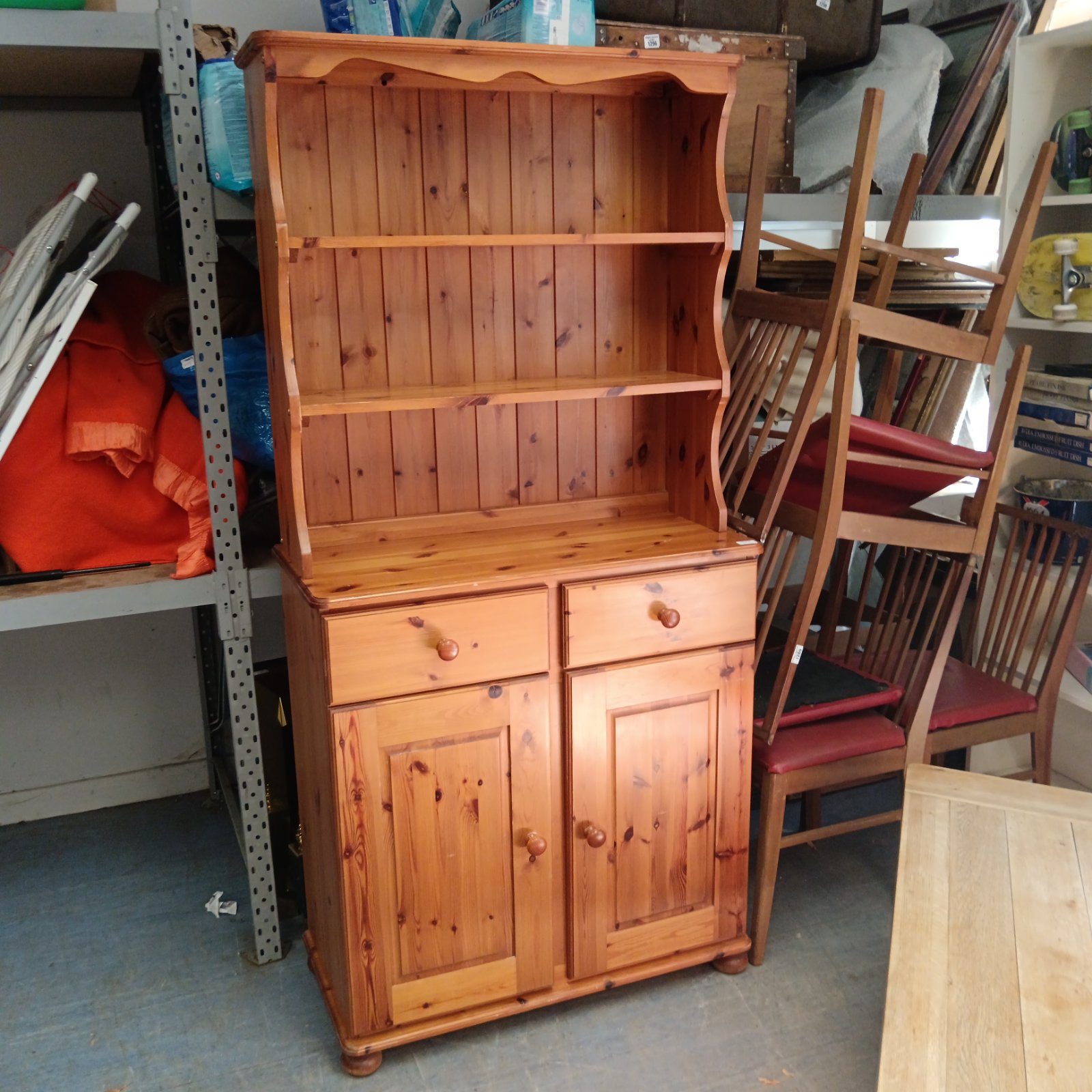 Vintage pine Welsh dresser unit for farmhouse kitchen storage.