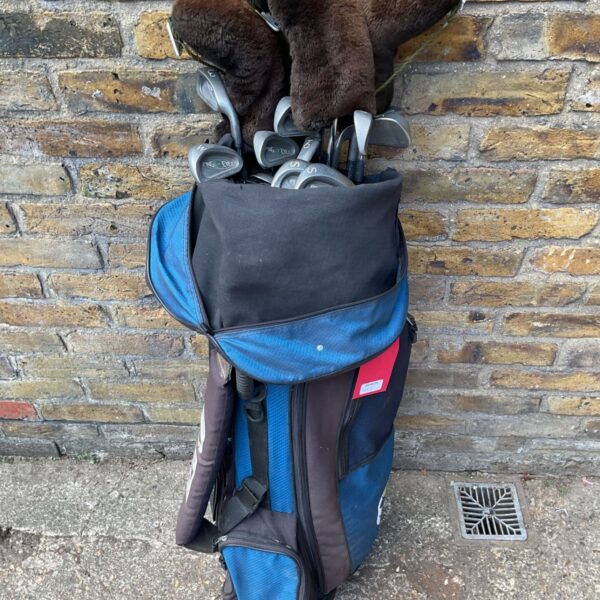 Blue golf bag containing Ping golf clubs on a paved surface.