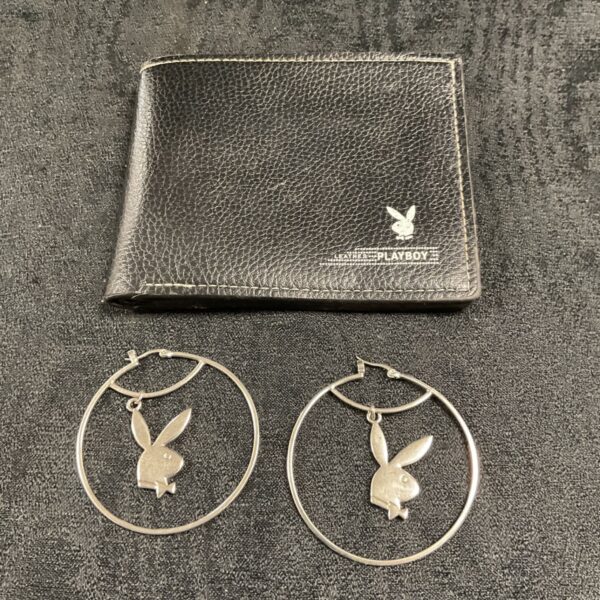 Vintage Playboy wallet and hoop earrings with bunny logo.