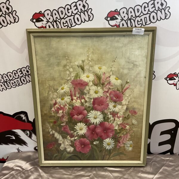 Signed Pocknell still life oil painting of blooming flowers.