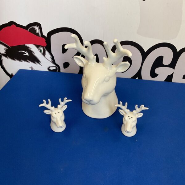 White porcelain deer figurine with integrated vase and salt pepper pots.