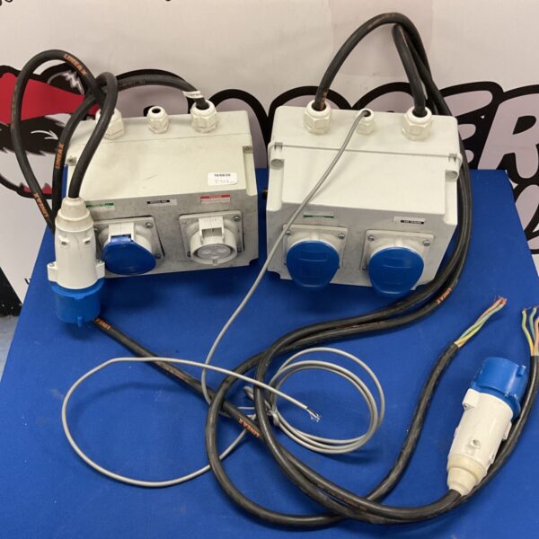 Pair of industrial power distribution units with blue CEE sockets.
