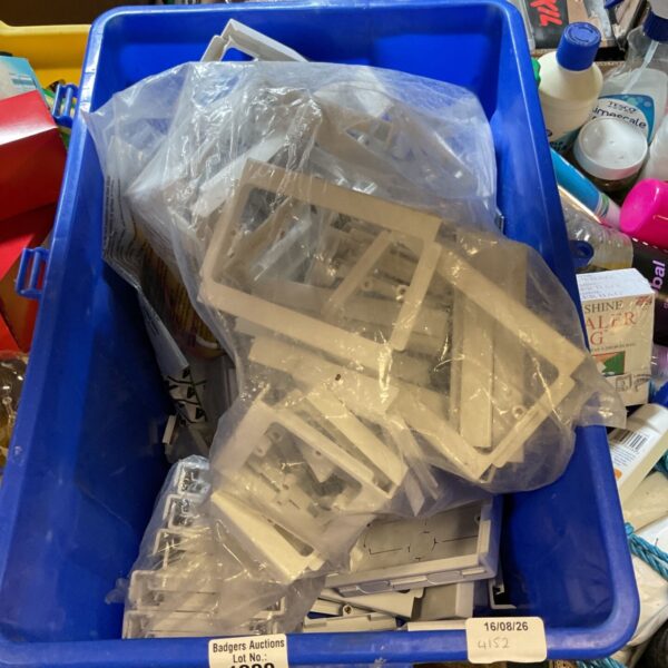 White PVC pattress boxes and trunking accessories in a blue box.