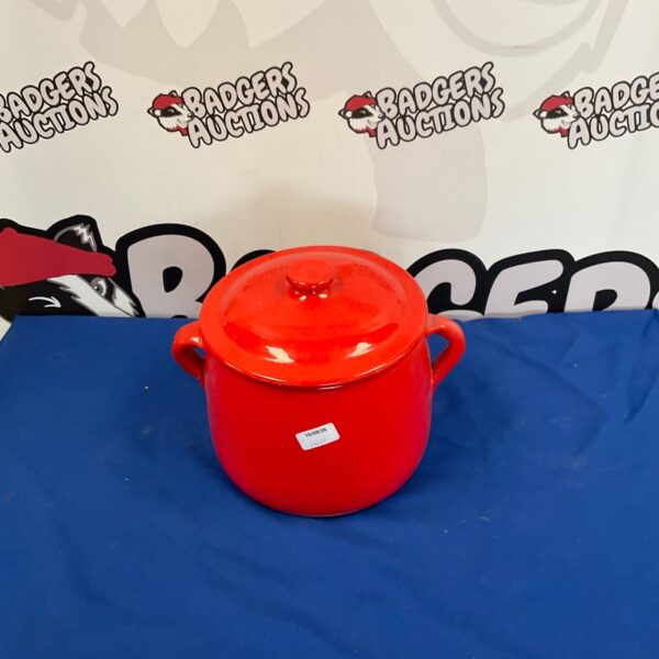 Large red cooking pot with lid, vintage kitchenware.