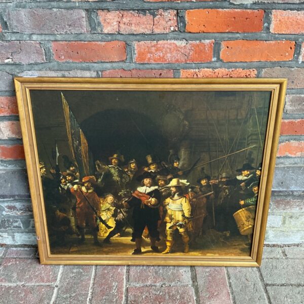 Framed Rembrandt Nightwatch print depicting a historical militia company.
