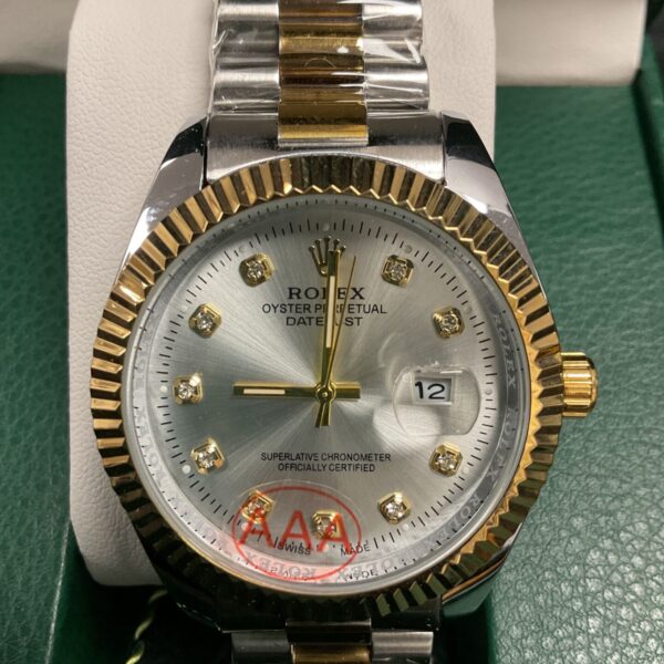 Front view of a replica Rolex Datejust two-tone wristwatch.