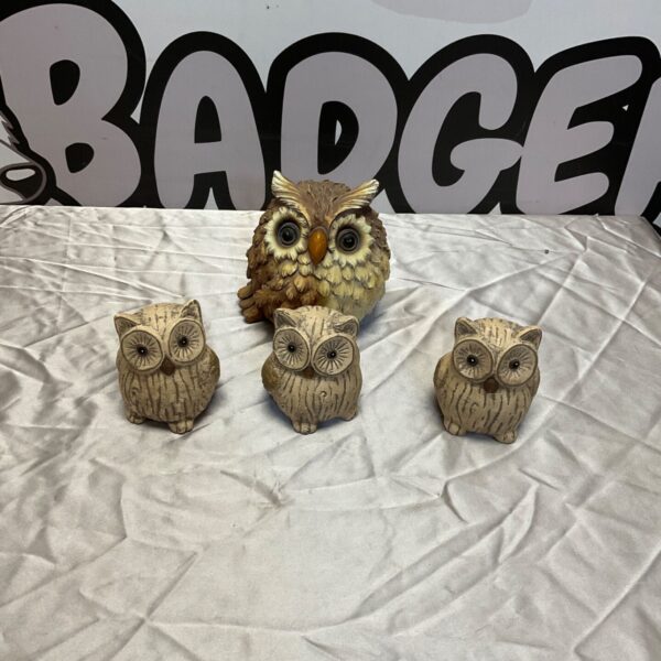 Close-up of a collection of resin owl figurines.