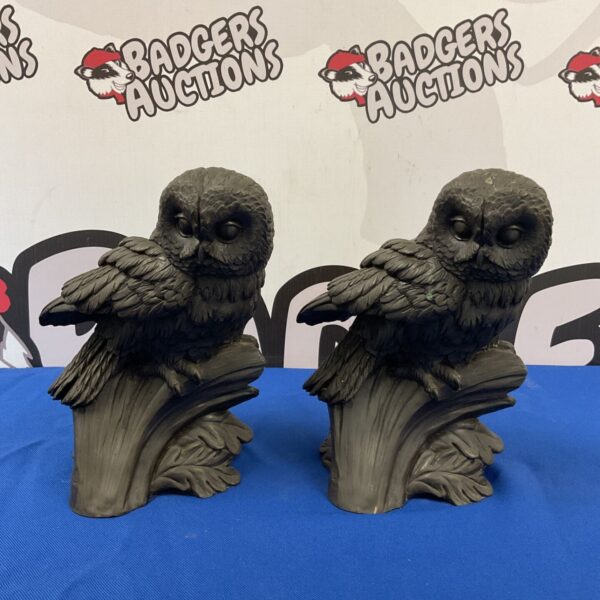 Pair of bronzed resin owl sculptures by Tom Mackie.