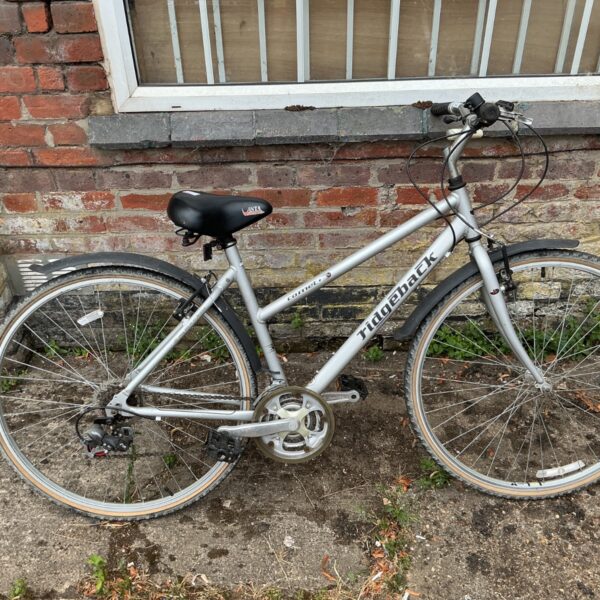 Silver Ridgeback Comet bicycle, a women's hybrid commuter bike.