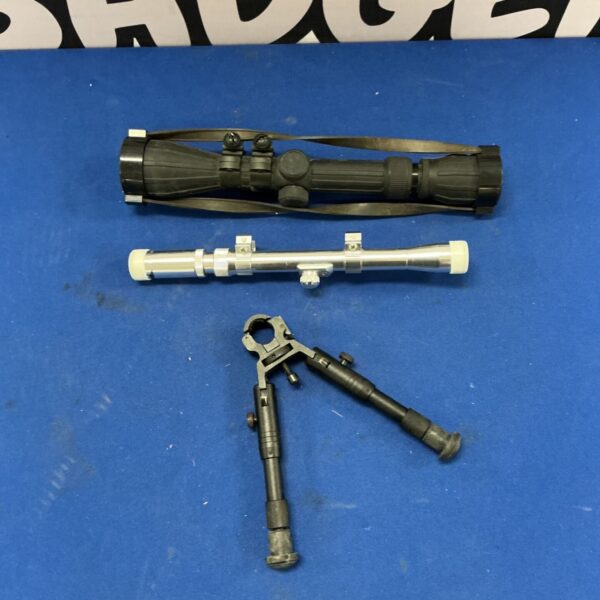 Rifle scopes and bipod lot for shooting and hunting.