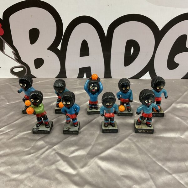 Vintage Robertson's golly football figures, collectible golliwogs.