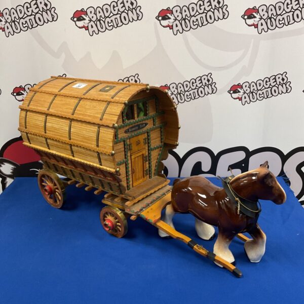 Detailed Romany Rose caravan model with ceramic shire horse.