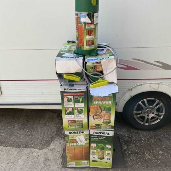 Lot of eleven Ronseal garden sprayers stacked on a pallet.