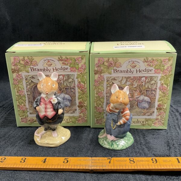 Royal Doulton Brambly Hedge figurines Dusty Dogwood and Wilfred Toadflax in boxes.