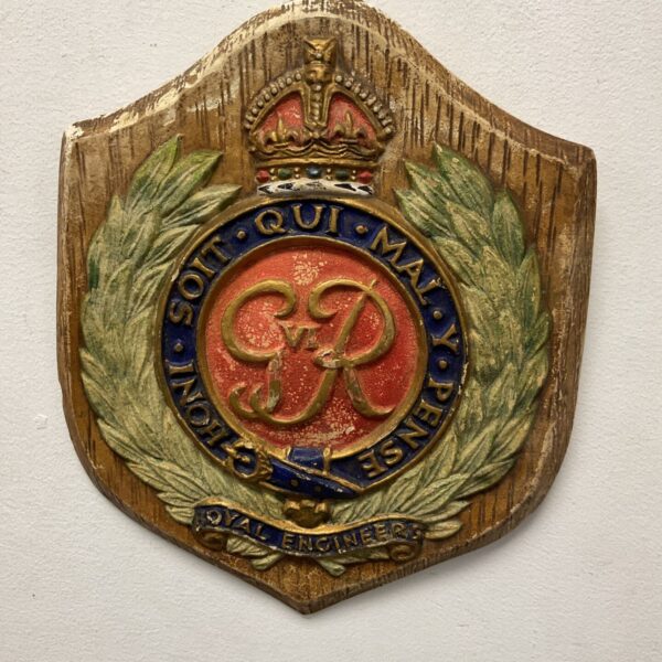 Vintage Royal Engineers ceramic wall plaque, detailed military collectible.