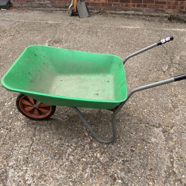 Green Ryland wheelbarrow with a metal frame and single wheel.