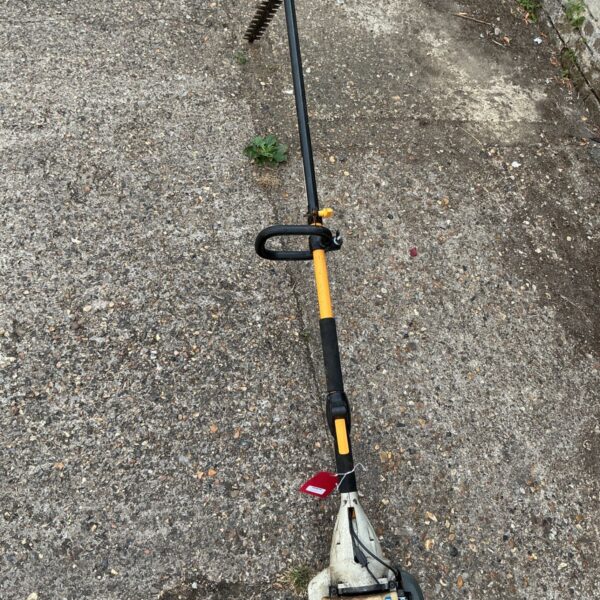 Ryobi petrol pole hedge trimmer for garden maintenance.